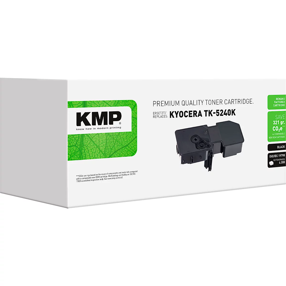 KMP Tonerkartusche für Kyocera TK-5240K in weißer Verpackung mit grünem Logo.