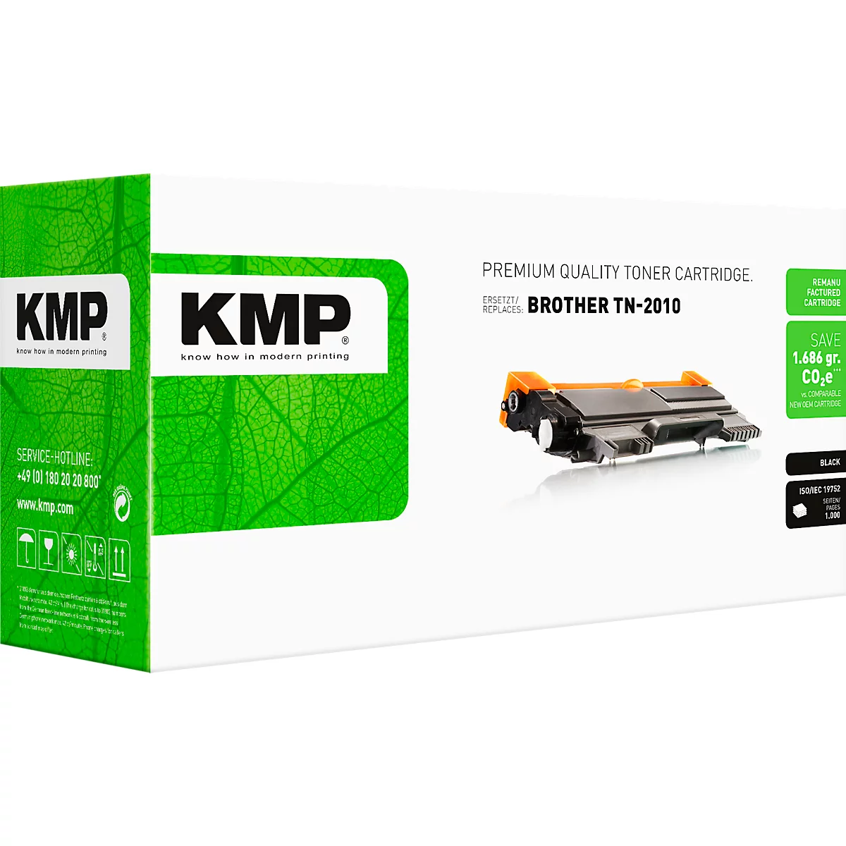 Cartouche de toner KMP pour Brother TN-2010 dans un emballage blanc avec motif de feuilles vertes.