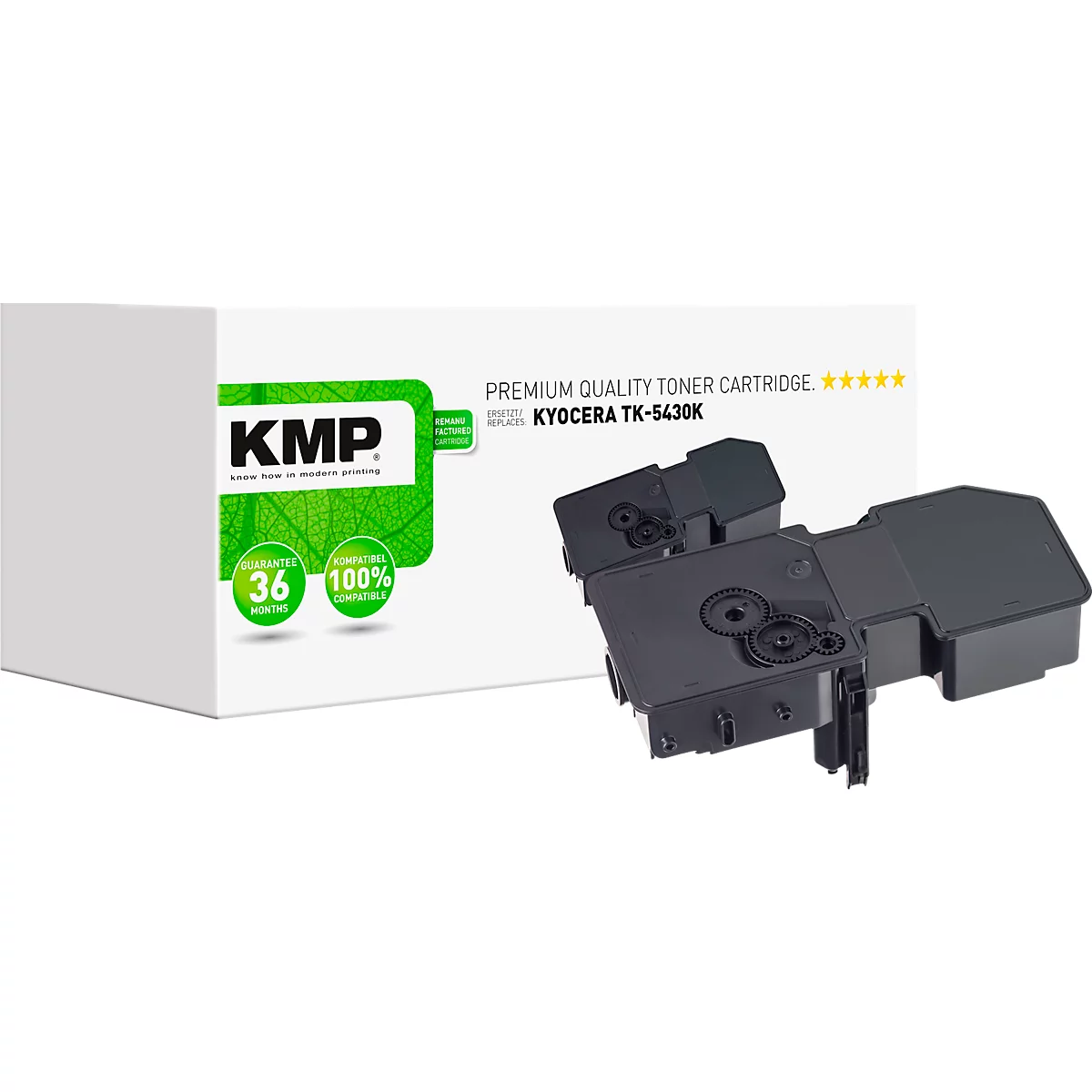 Une cartouche de toner noire et une boîte blanche avec le logo et le texte KMP verts.