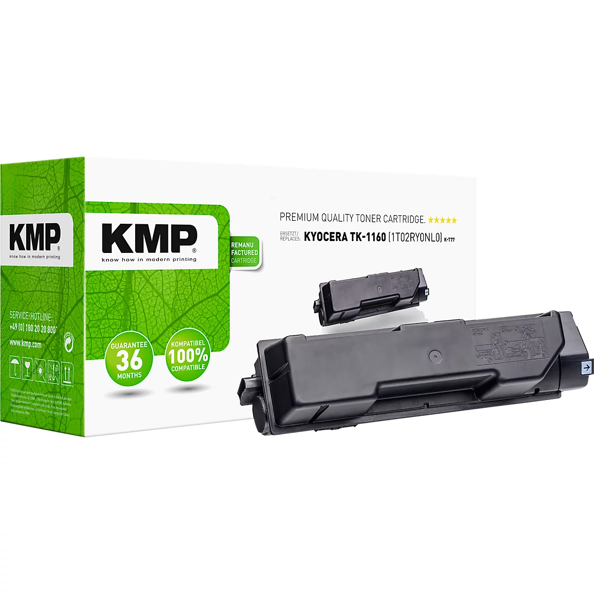 Une cartouche de toner noire et un emballage avec le logo KMP. Inscription : Cartouche de toner de qualité supérieure.