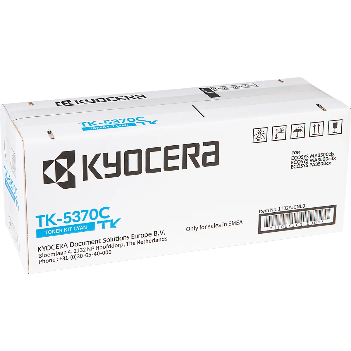 Emballage en carton blanc avec le logo Kyocera et le texte TK-5370C Toner Kit Cyan.