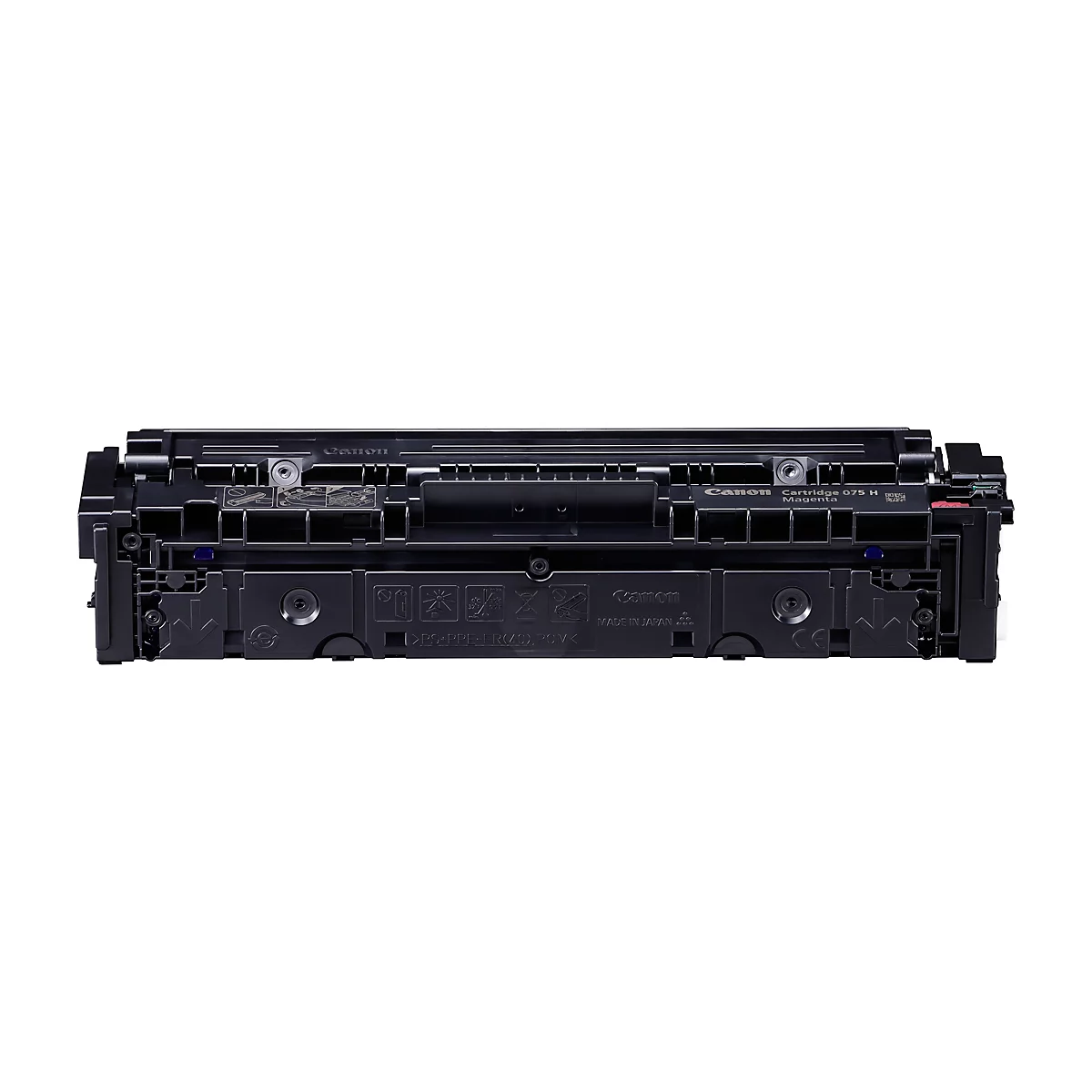 Cartouche de toner Canon noire sur fond blanc. Structure en plastique noir, lettrage et diverses ouvertures.