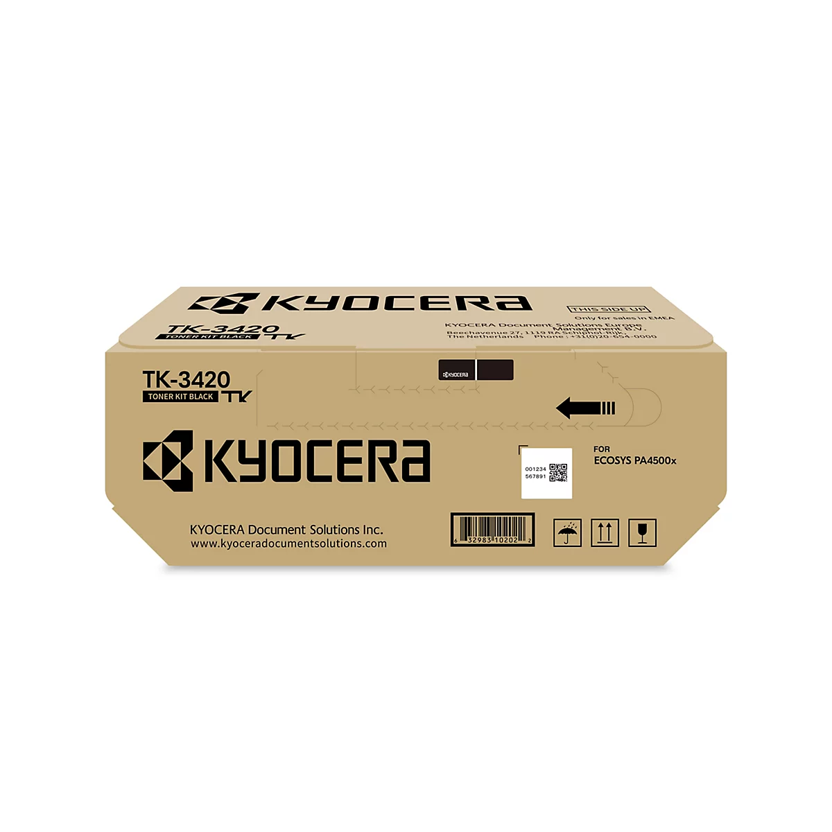 Emballage en carton brun d'une cartouche de toner Kyocera. Imprimé : TK-3420, ECOSYS P4000.