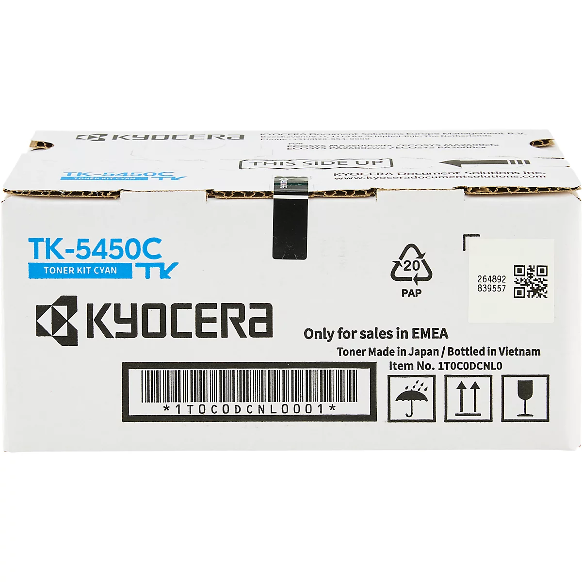 Une boîte blanche avec des lettres bleues et noires, comprenant le logo Kyocera et des informations sur le produit.