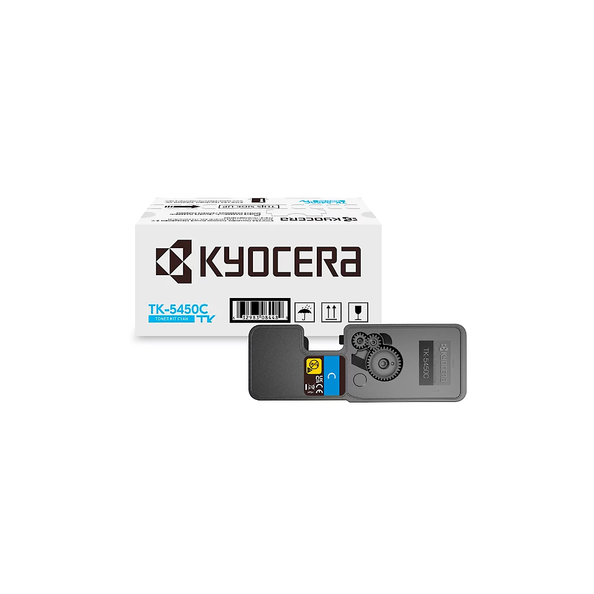 Cartouche de toner Kyocera TK-5450C avec emballage, code-barres et symboles d'avertissement.