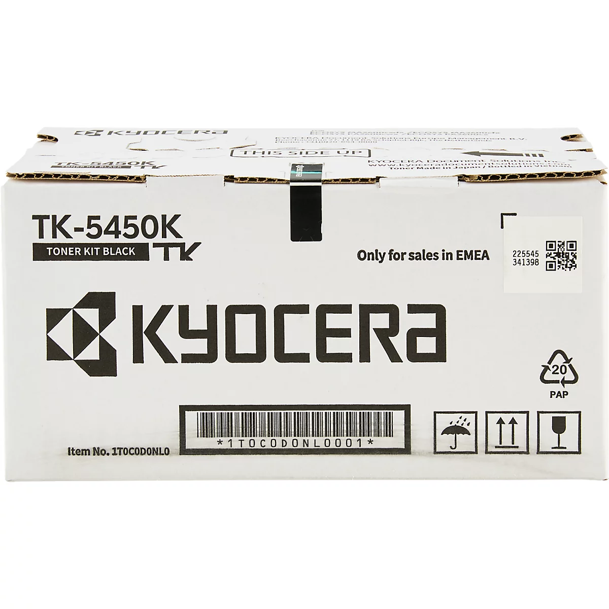 Une boîte en carton blanche avec les mots "TK-5450K Toner Kit Black" de Kyocera. Impressions et codes-barres. Uniquement pour la vente en EMEA.