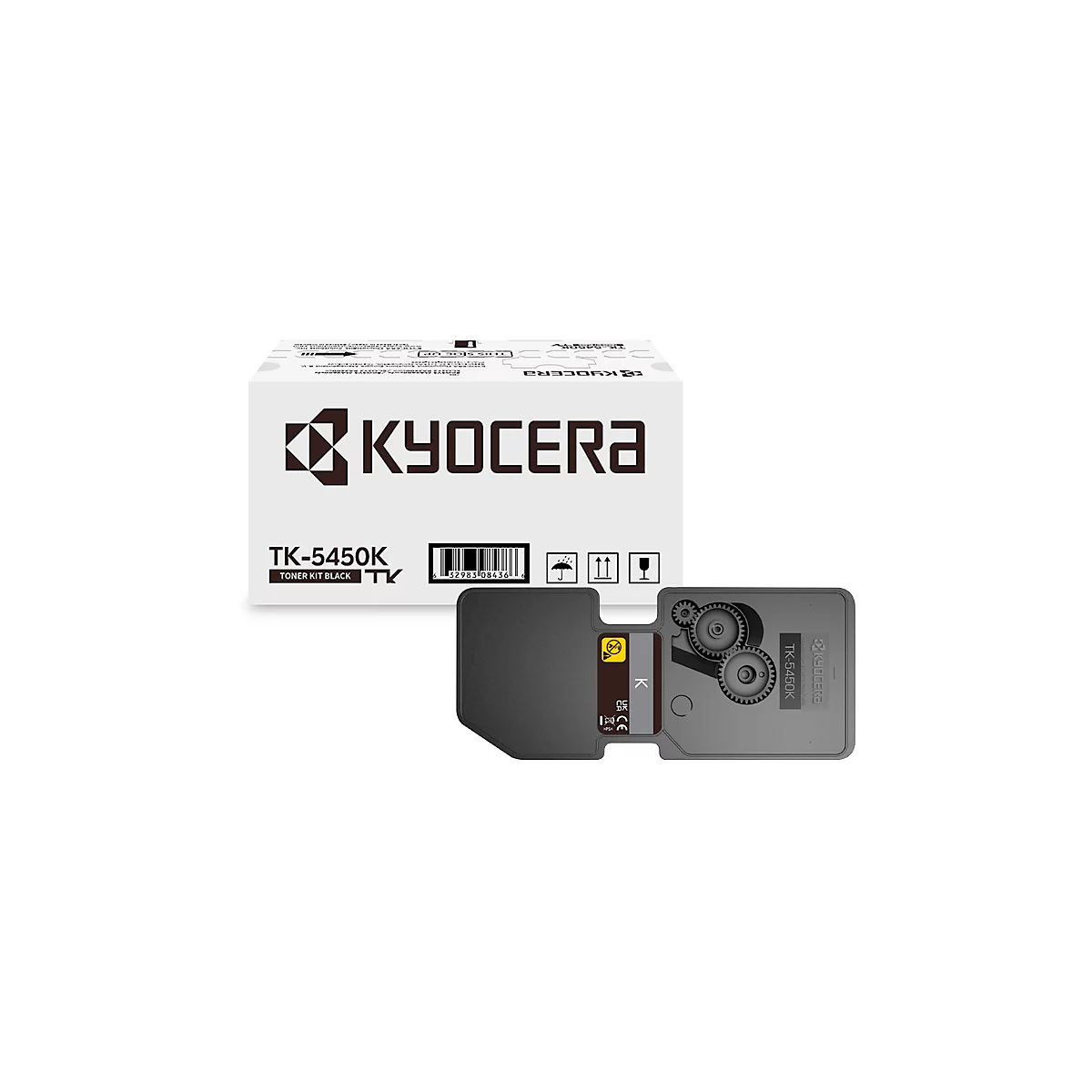 Cartouche de toner Kyocera noire et emballage. L'emballage est blanc et porte le logo Kyocera et la désignation TK-5450K.