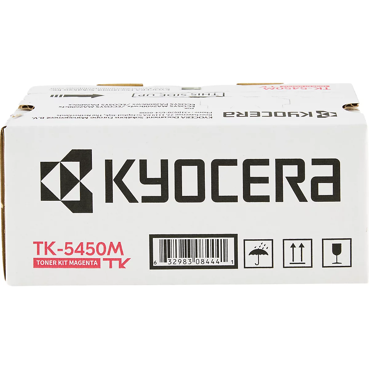 Boîte blanche avec le logo 'Kyocera' noir et les informations du produit. En bas, il est écrit 'TK-5450M Toner Kit Magenta'.