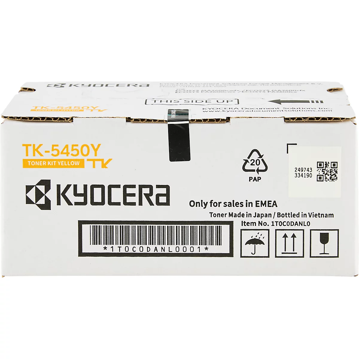 Une boîte blanche avec texte jaune, kit de toner Kyocera. Désignations de produits et code-barres visibles. Pour ventes EMEA uniquement.