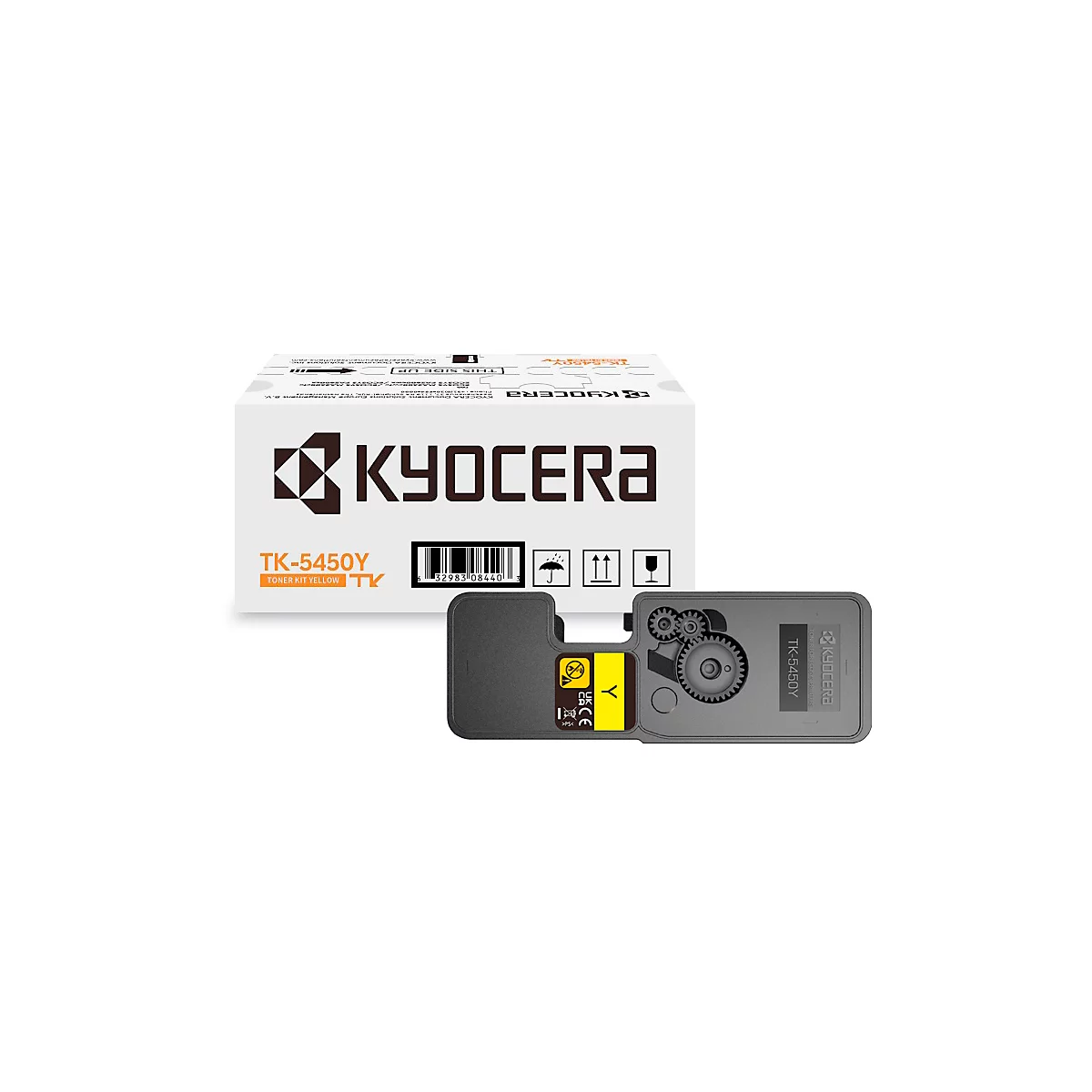 Cartouche de toner Kyocera. Inscription "KYOCERA", ainsi que le nom du produit TK-5450Y.