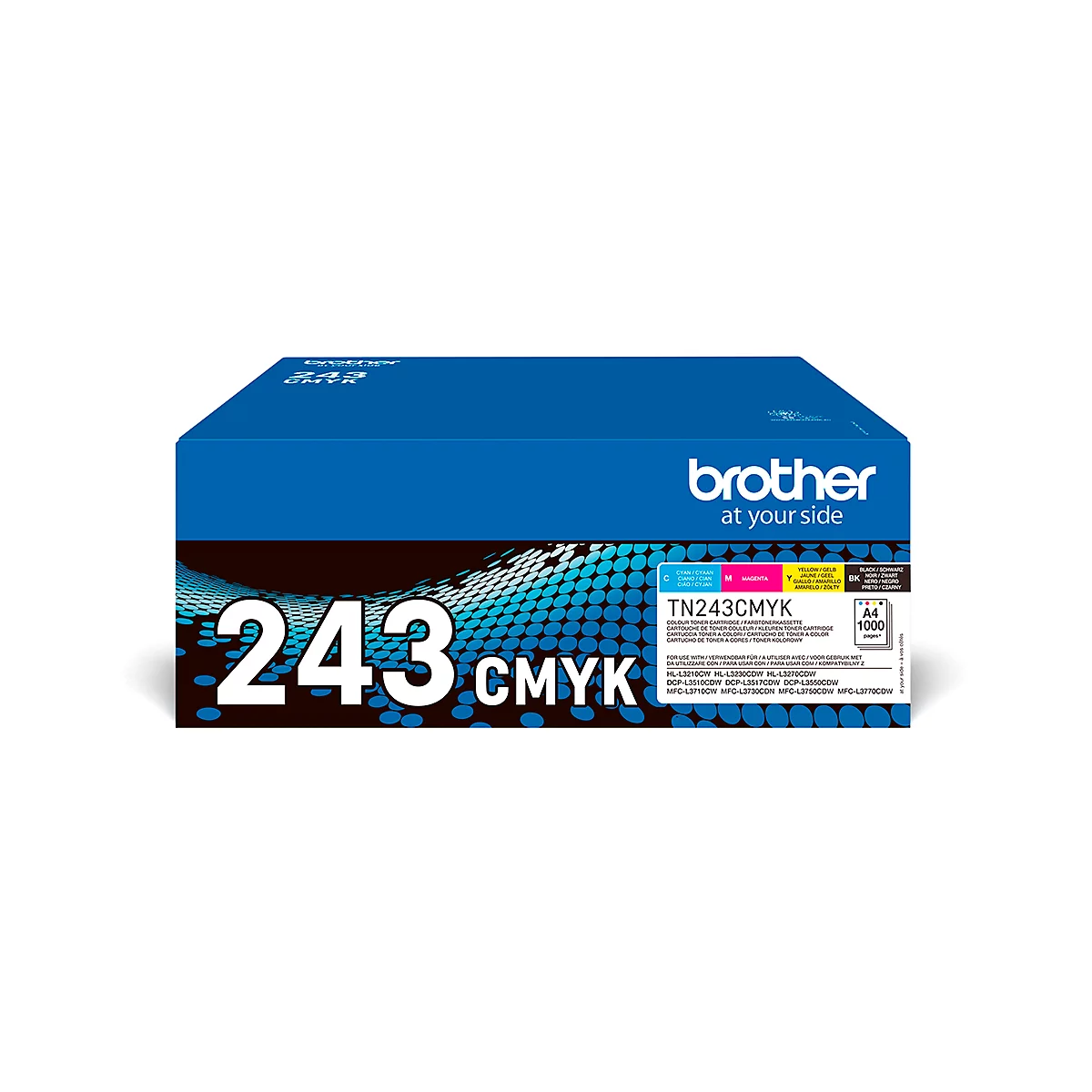 Boîte bleue avec lettrage noir "243 CMYK" et logo "brother at your side".