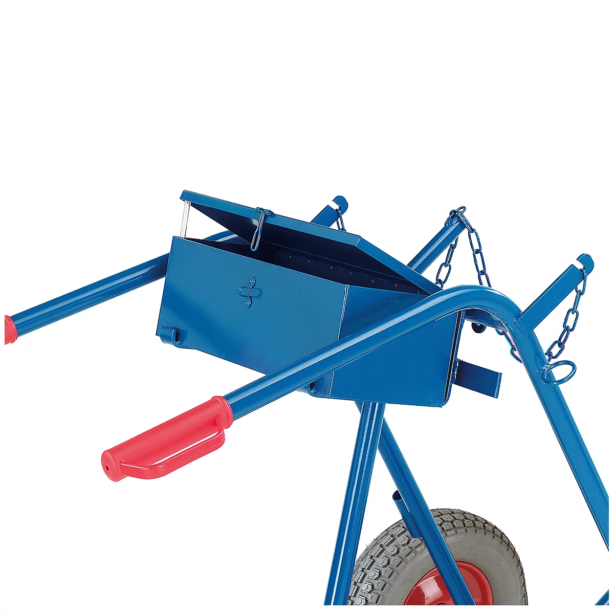 Blue tool cart detail, open box, red handles, gray tire.