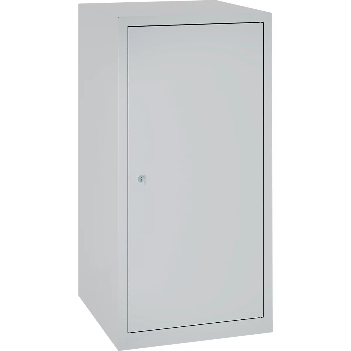 Grey metal cabinet with a rectangular shape. A door handle is visible on the door.