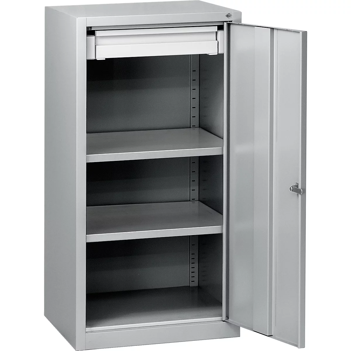 A gray filing cabinet with the door open. Inside, several shelves and a pull-out drawer are visible.