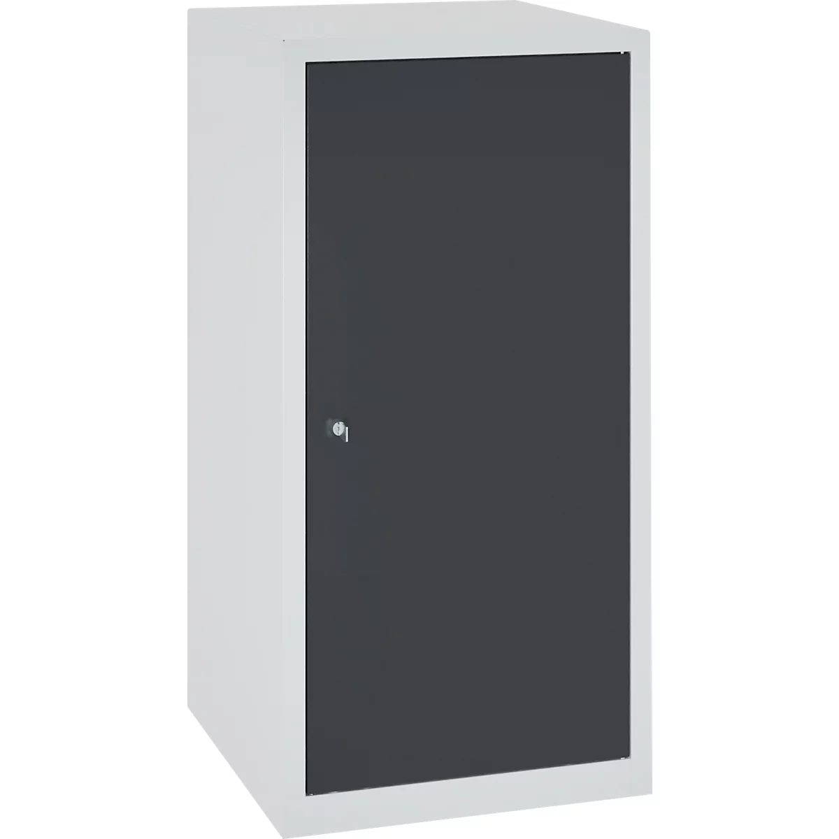 Gray cabinet with a door. The door has a handle.