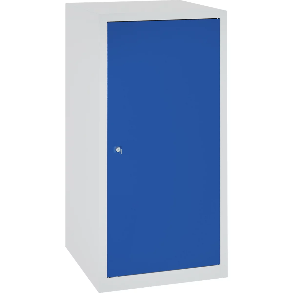 White cabinet with blue door and lock.