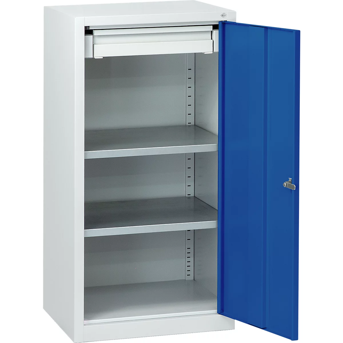 White steel cabinet with open blue door, shelves and drawer.