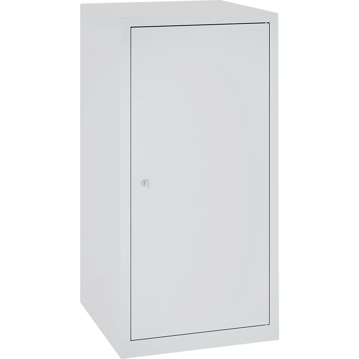 White cabinet with door, handle and angular shape.
