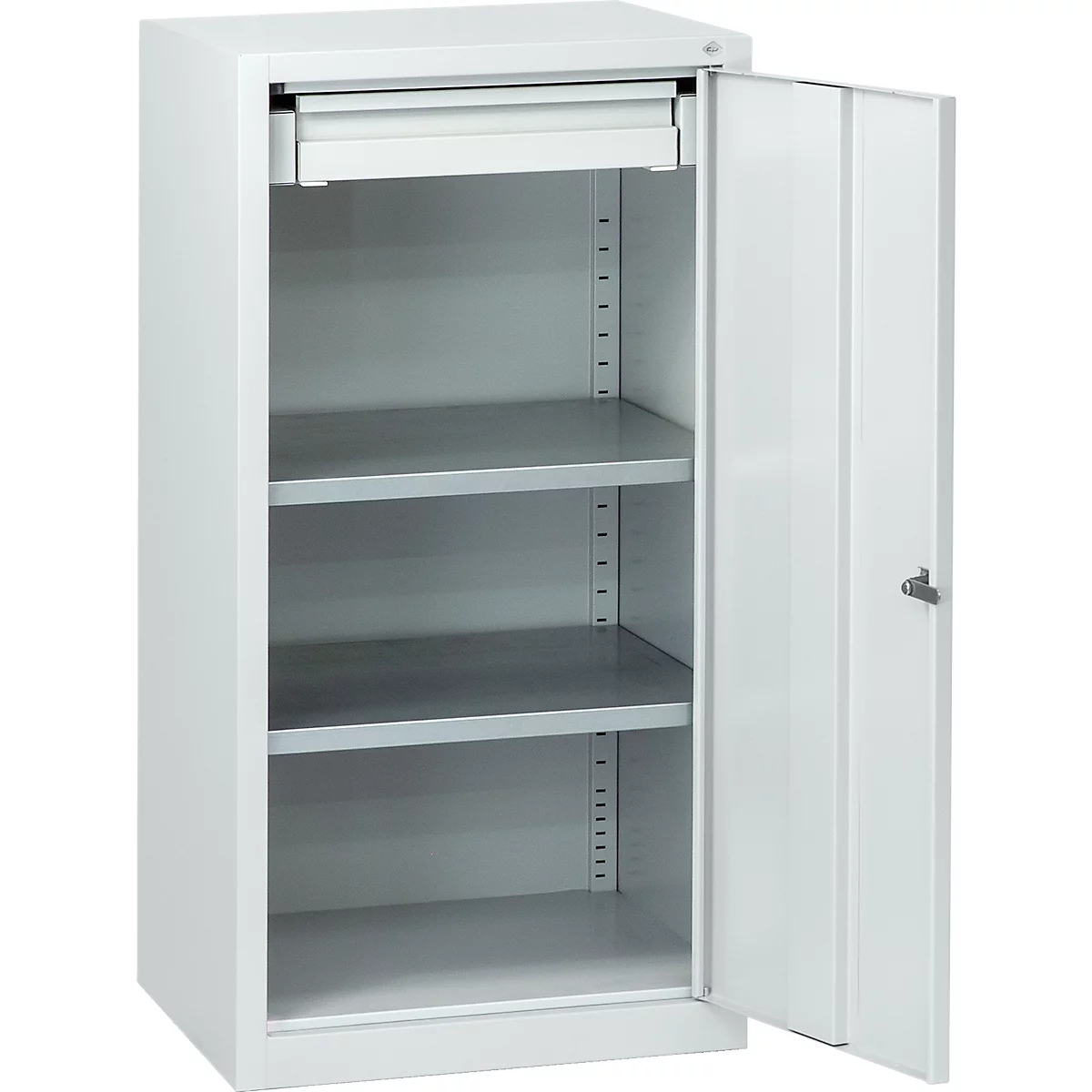 White steel cabinet, door open, three shelves, top drawer. Grey shelves.