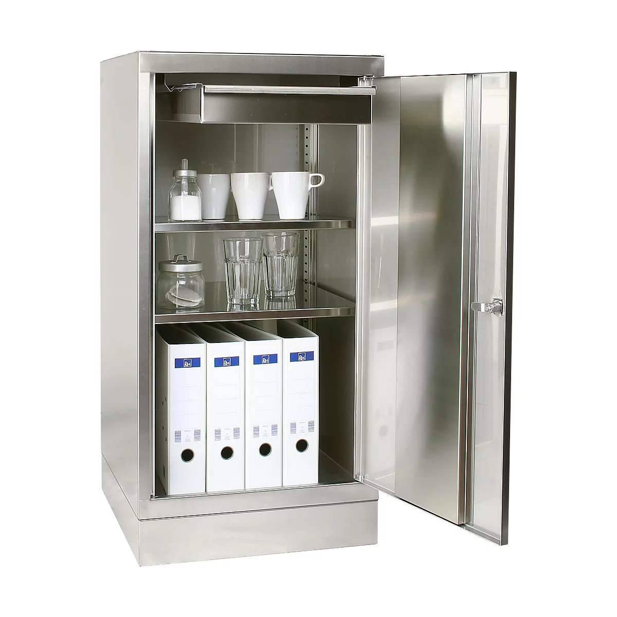 Stainless steel cabinet, door open. Inside: cups, glasses, sugar dispenser, binders. Shelves.