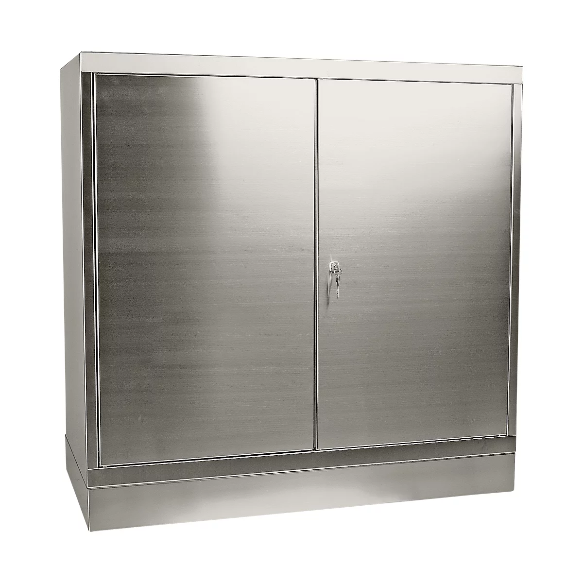 Stainless steel cabinet with two doors and lock, against white background.