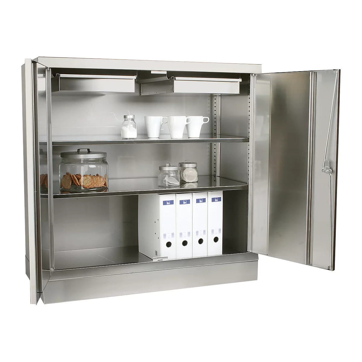 An open stainless steel cabinet with shelves. Inside: cups, cookies, file folders and spices.