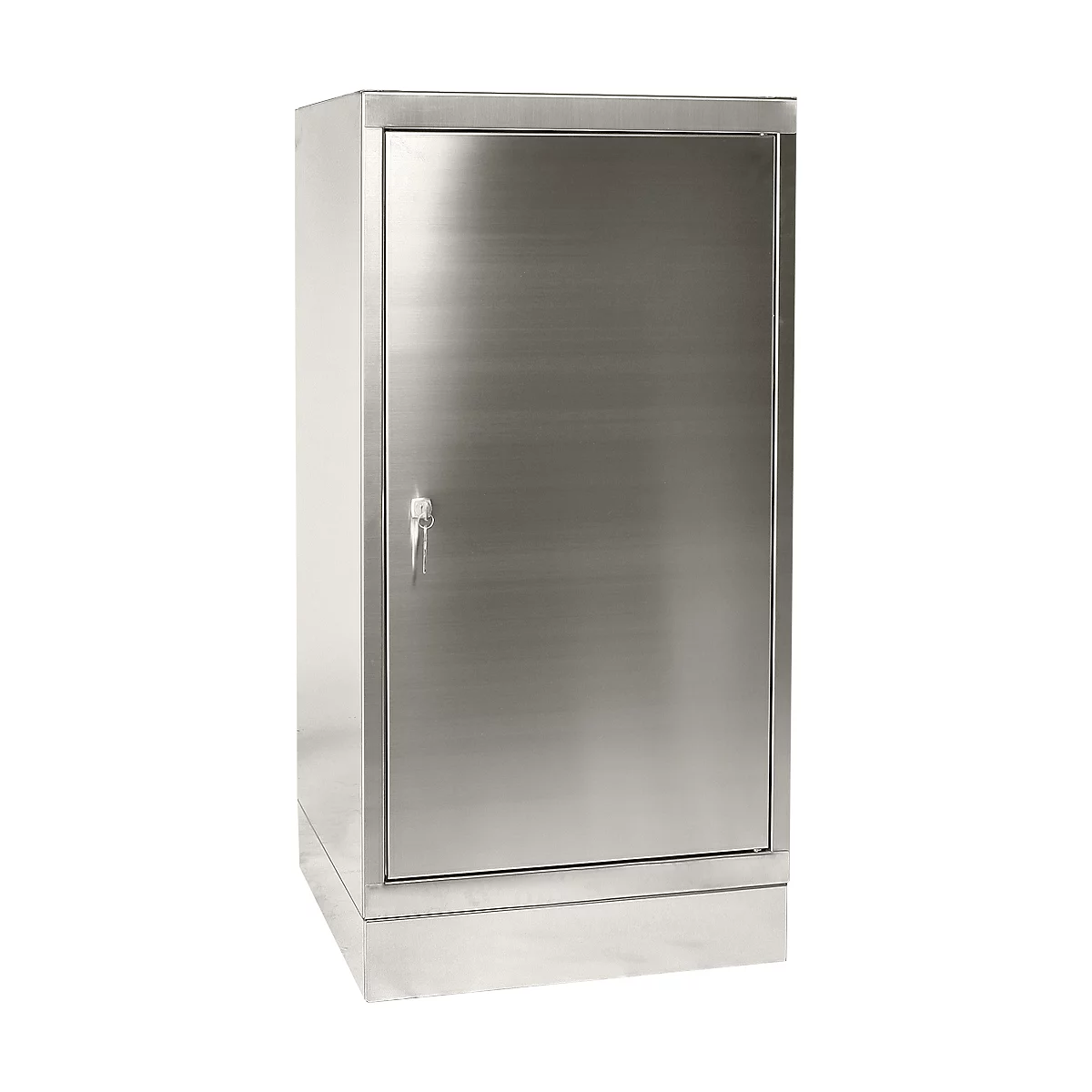 Stainless steel cabinet with door and keyhole. The cabinet stands on a base.