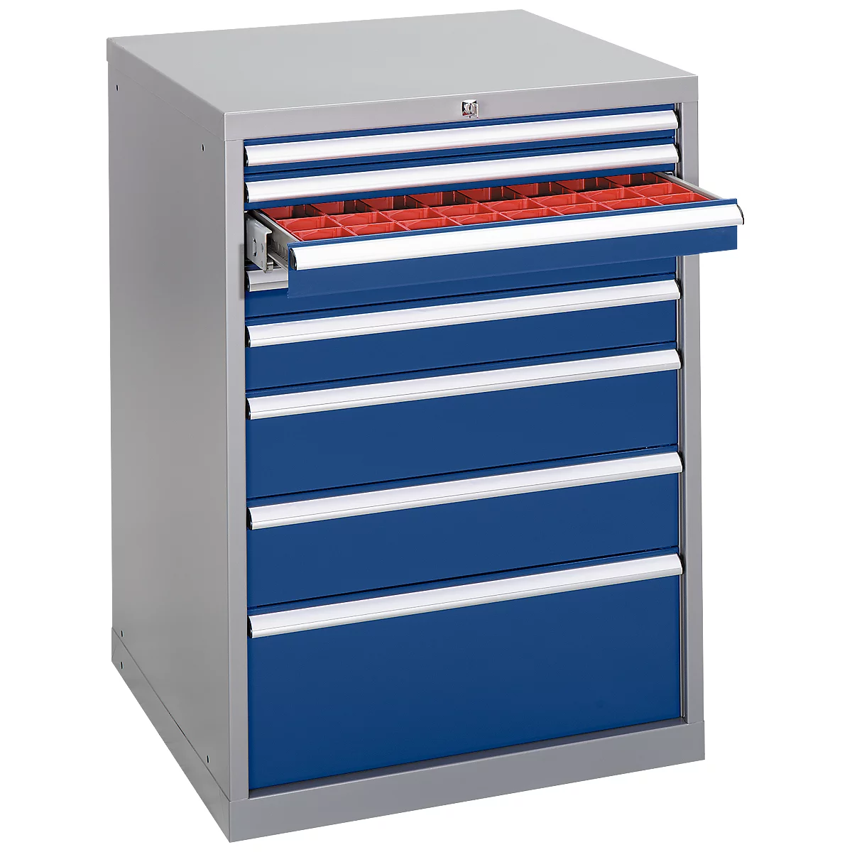 Tool cabinet with drawers. One drawer open, showing red dividers.