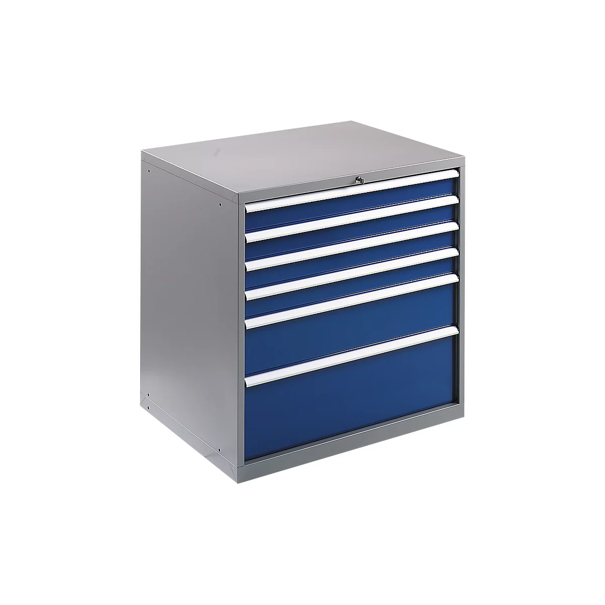 Grey toolbox with six blue drawers and white handles.