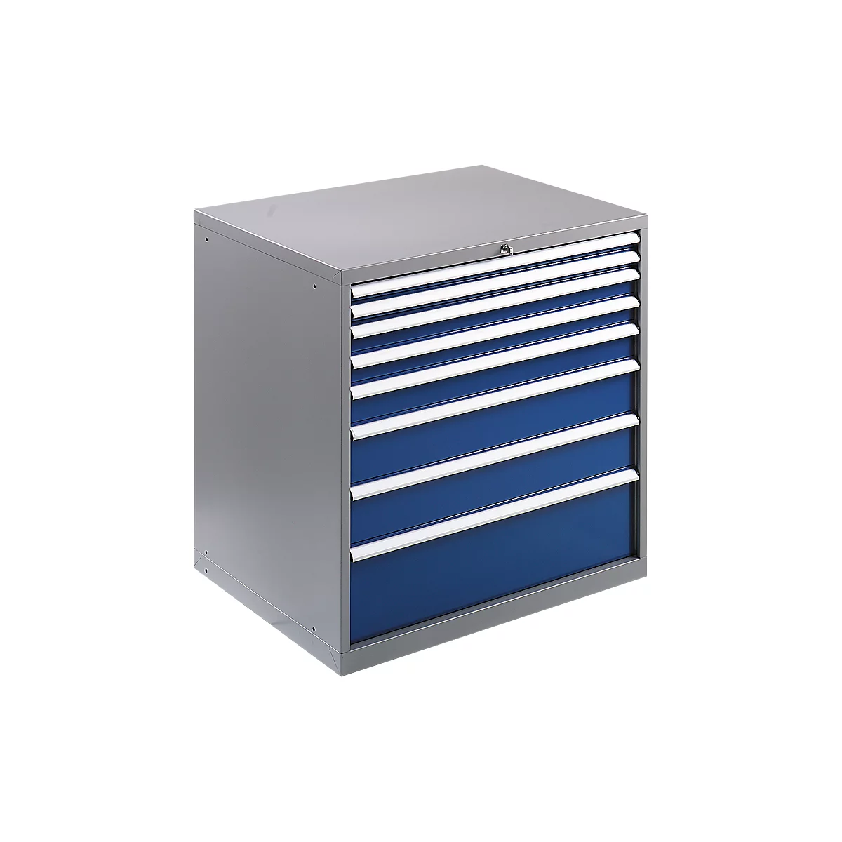 Grey tool cabinet with seven blue drawers and silver handles.
