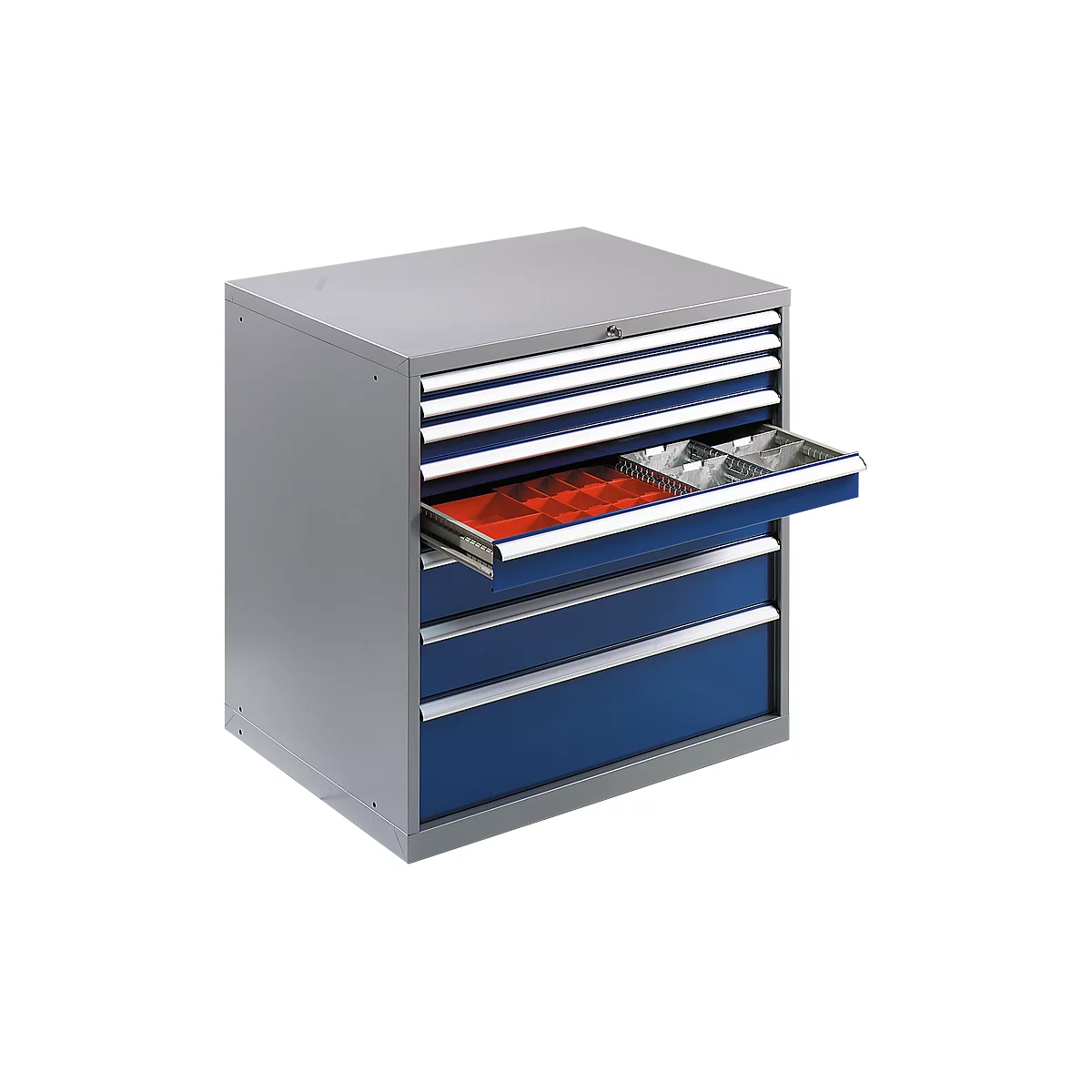 Grey tool cabinet with blue drawers. One drawer is open, containing a red compartment.
