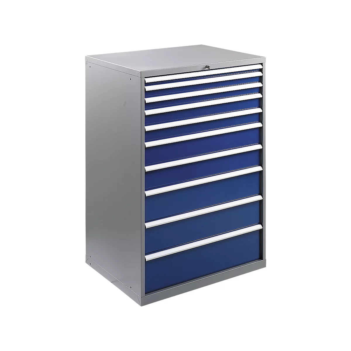 Gray metal cabinet with blue drawers. White handles. A lock on top.