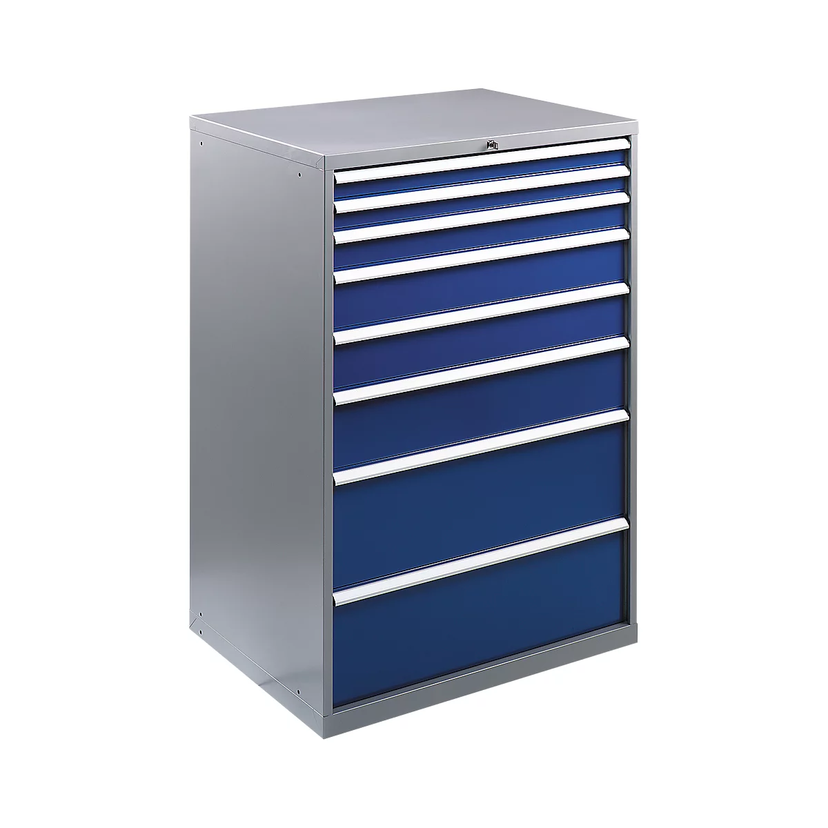 Gray tool cabinet with seven drawers, characterized by blue fronts and silver handles.