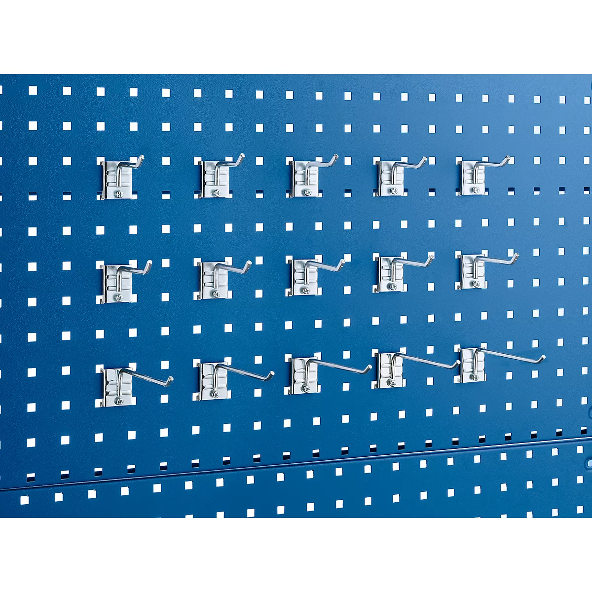 Blue perforated plate with hooks. The hooks are evenly spaced and silver in color.