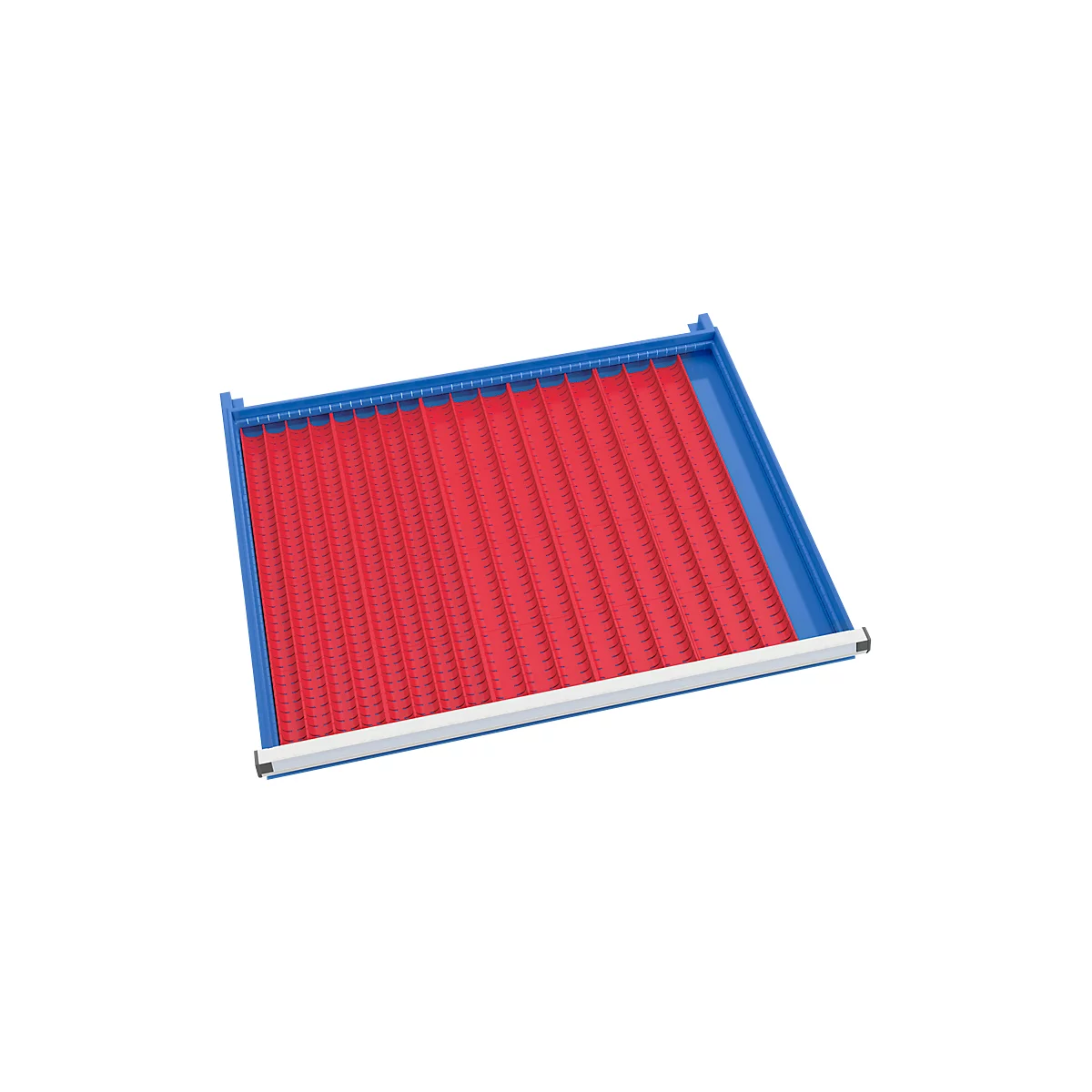 A red drawer insert with vertical compartments in a blue frame.