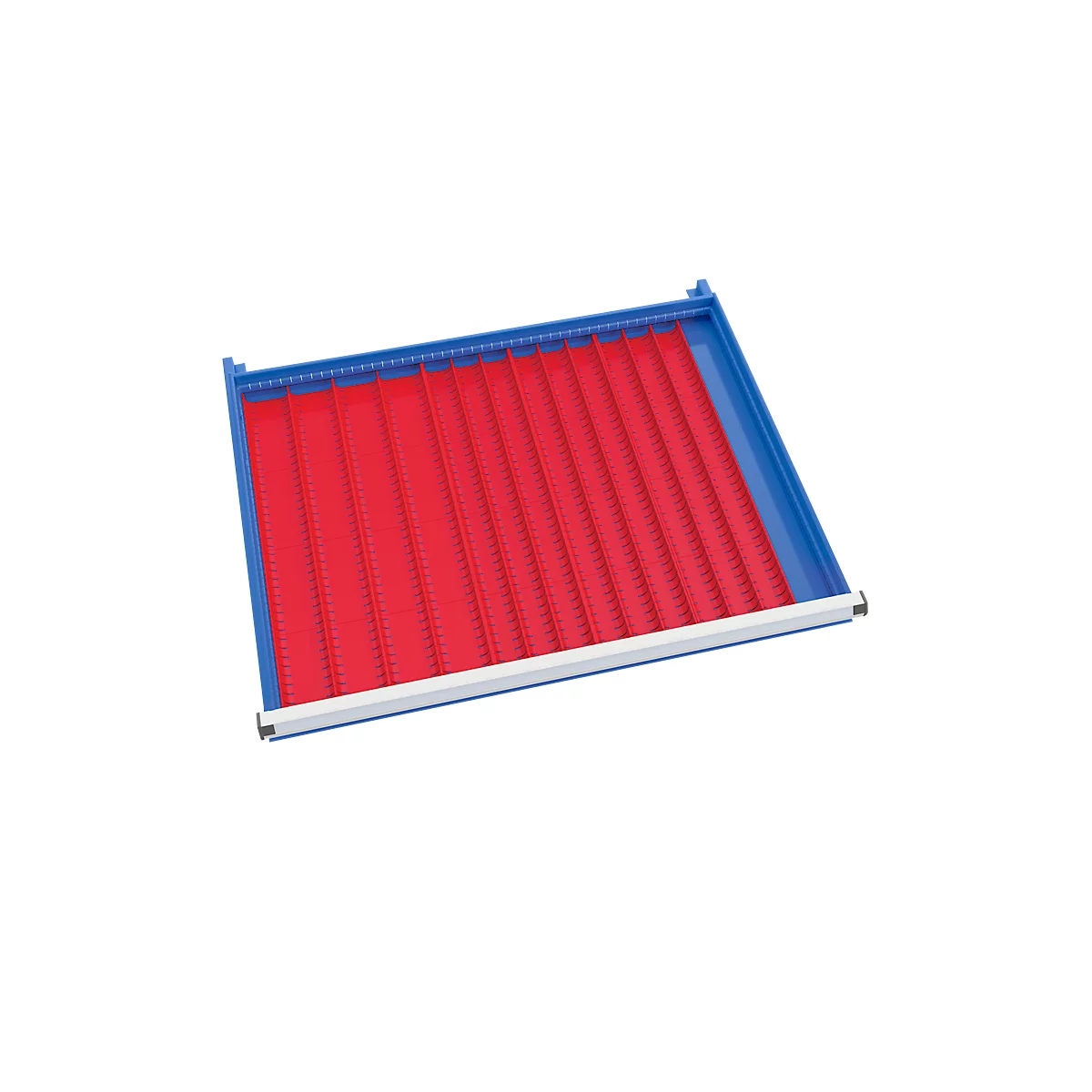 Red file organizer with blue borders and vertical dividers. White frame on the bottom.