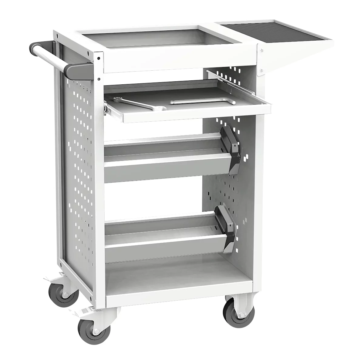 White serving cart with wheels, drawers and shelves.