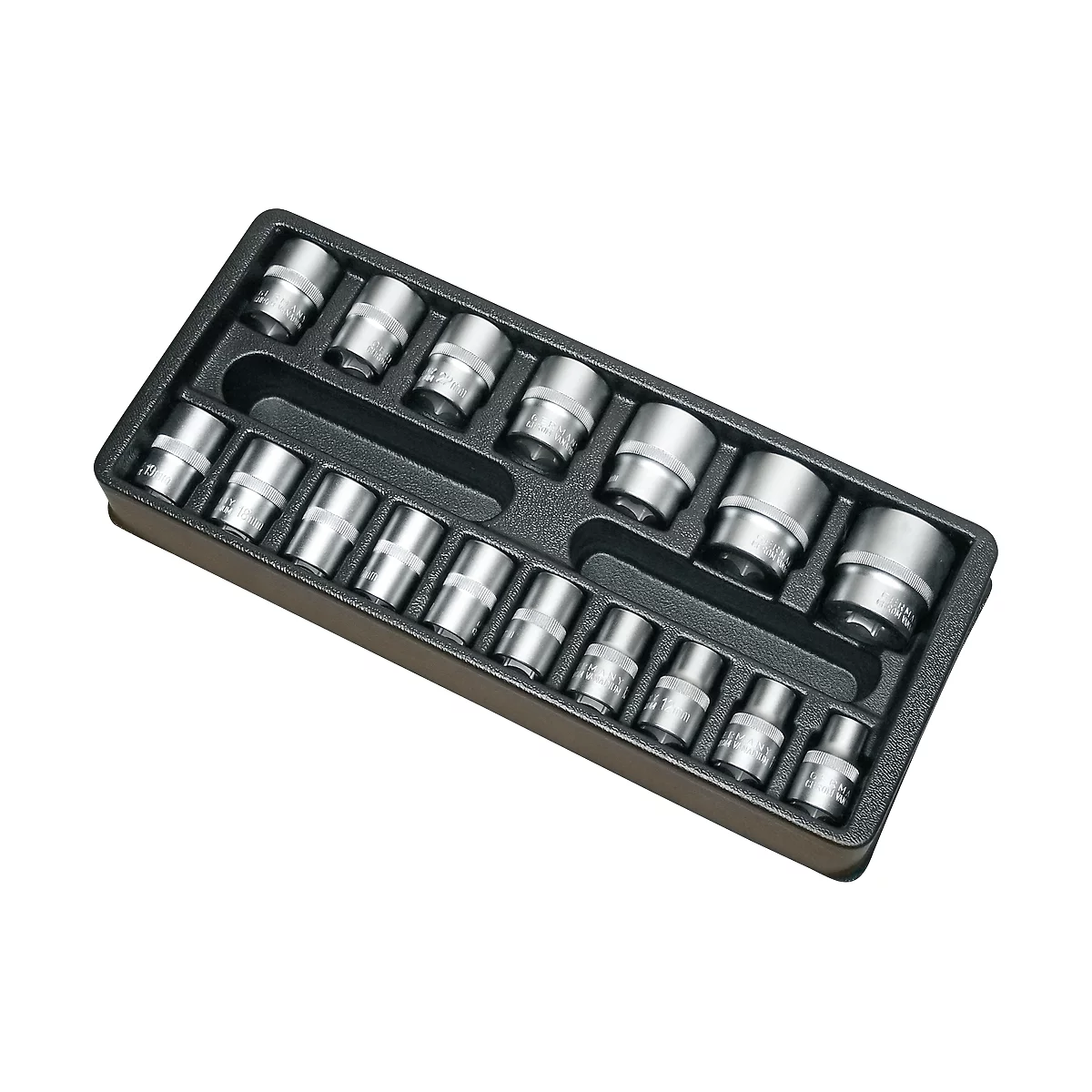A set of metal sockets in a black insert.