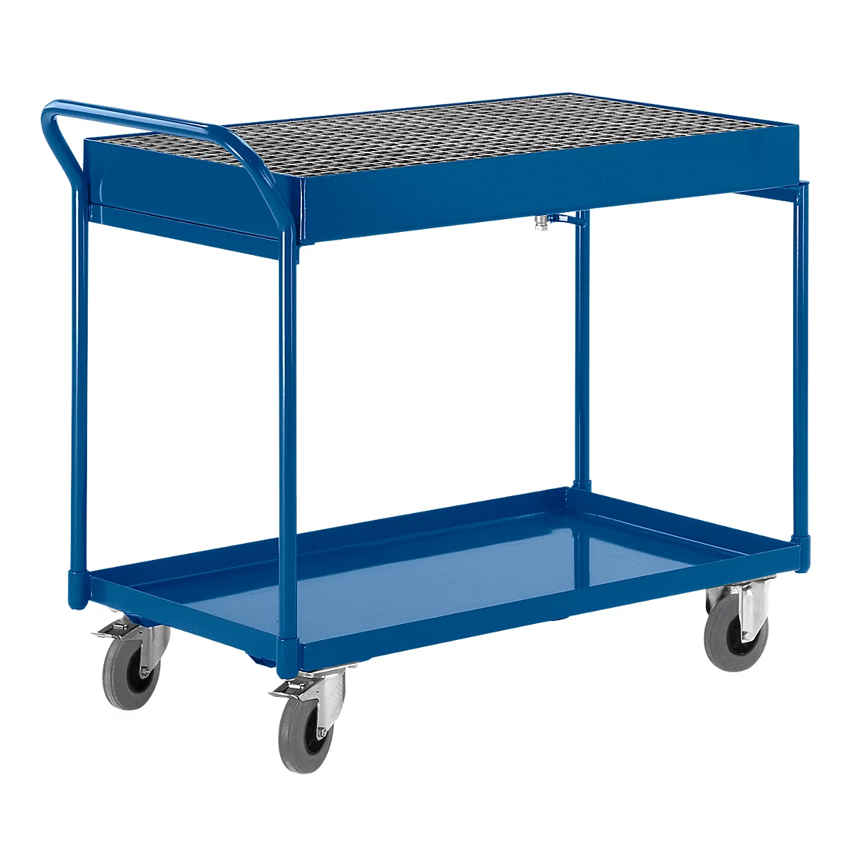 Blue utility cart with two levels, perforated shelf on top. Four gray wheels, white background.
