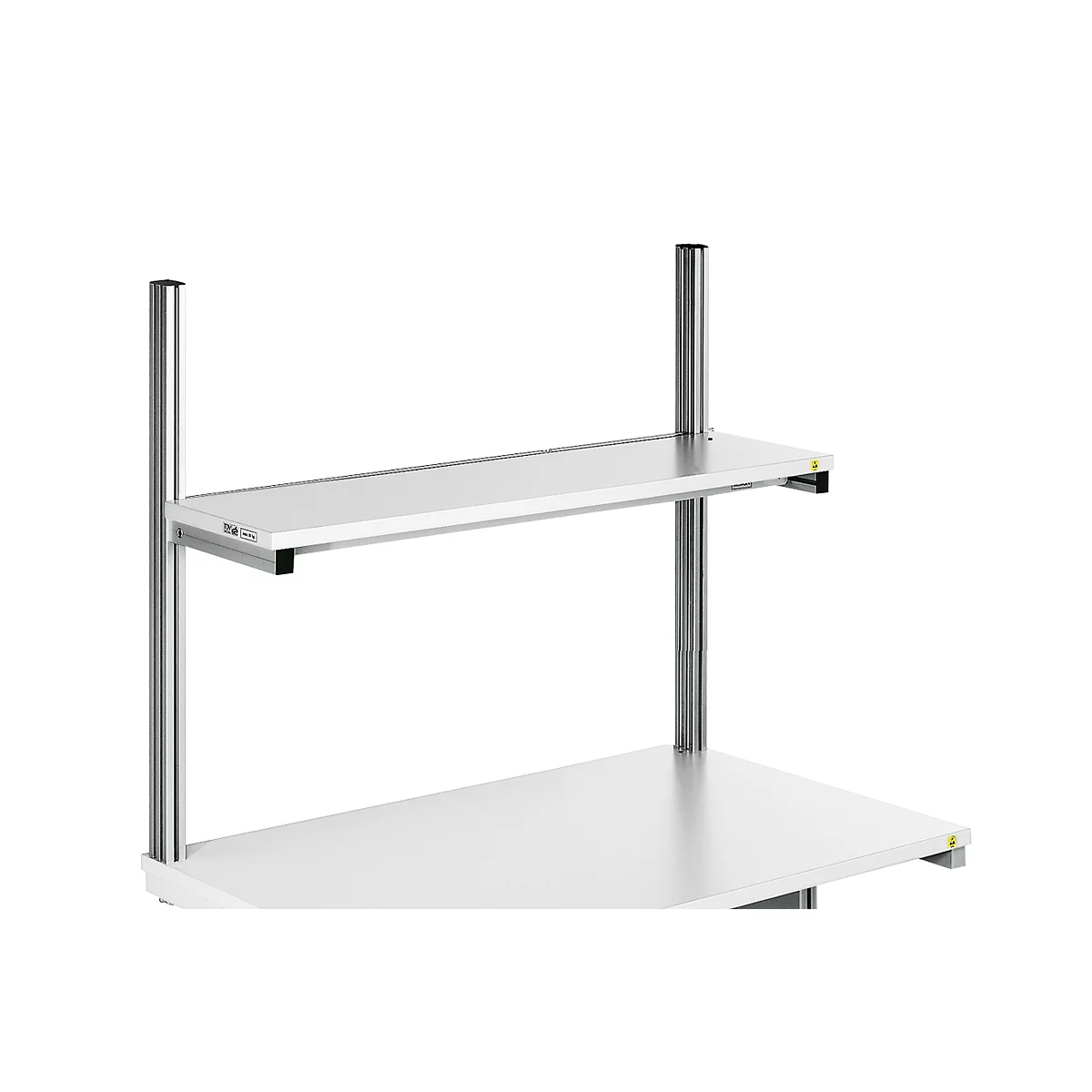 A white shelf with two levels and silver support pillars, against a white background.
