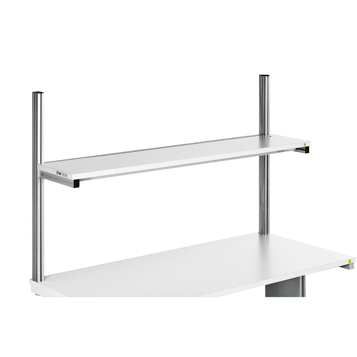 A white shelf with two levels and metal supports against a light background.