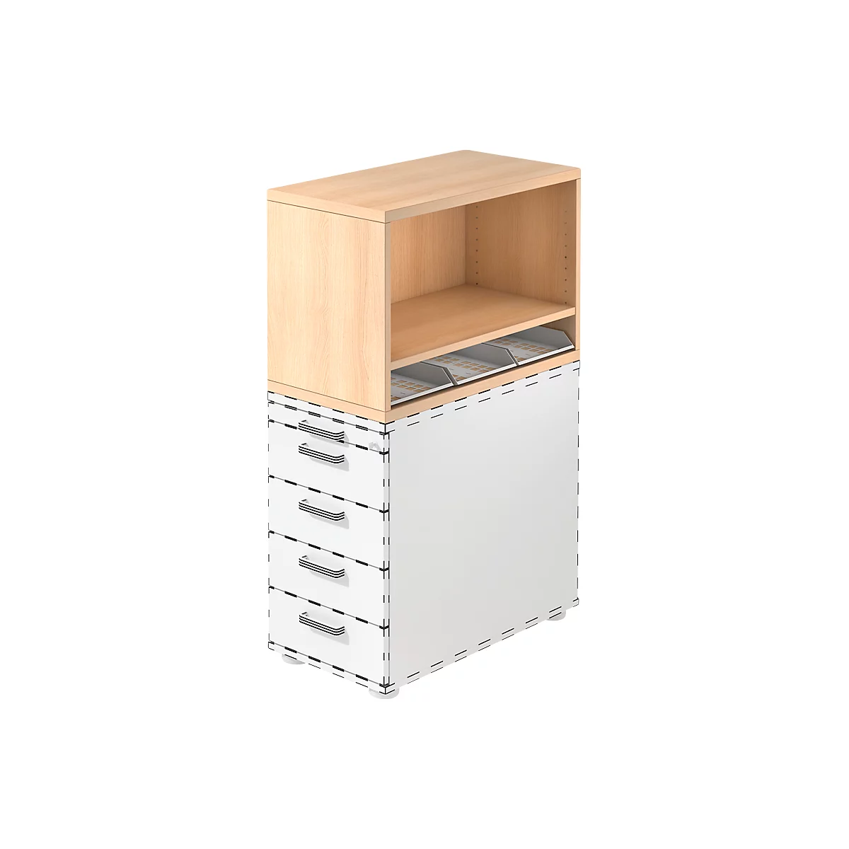 Office cabinet with light wood top, with drawers below and storage compartments with paper trays.