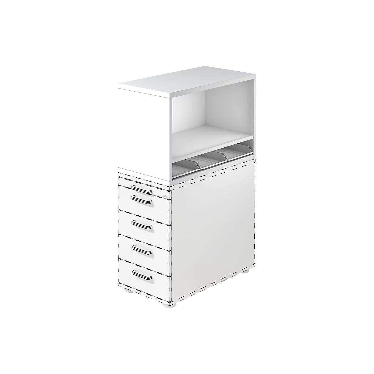 White office shelf with drawers and compartments. On one side there are four drawers, above a shelf and an open compartment.