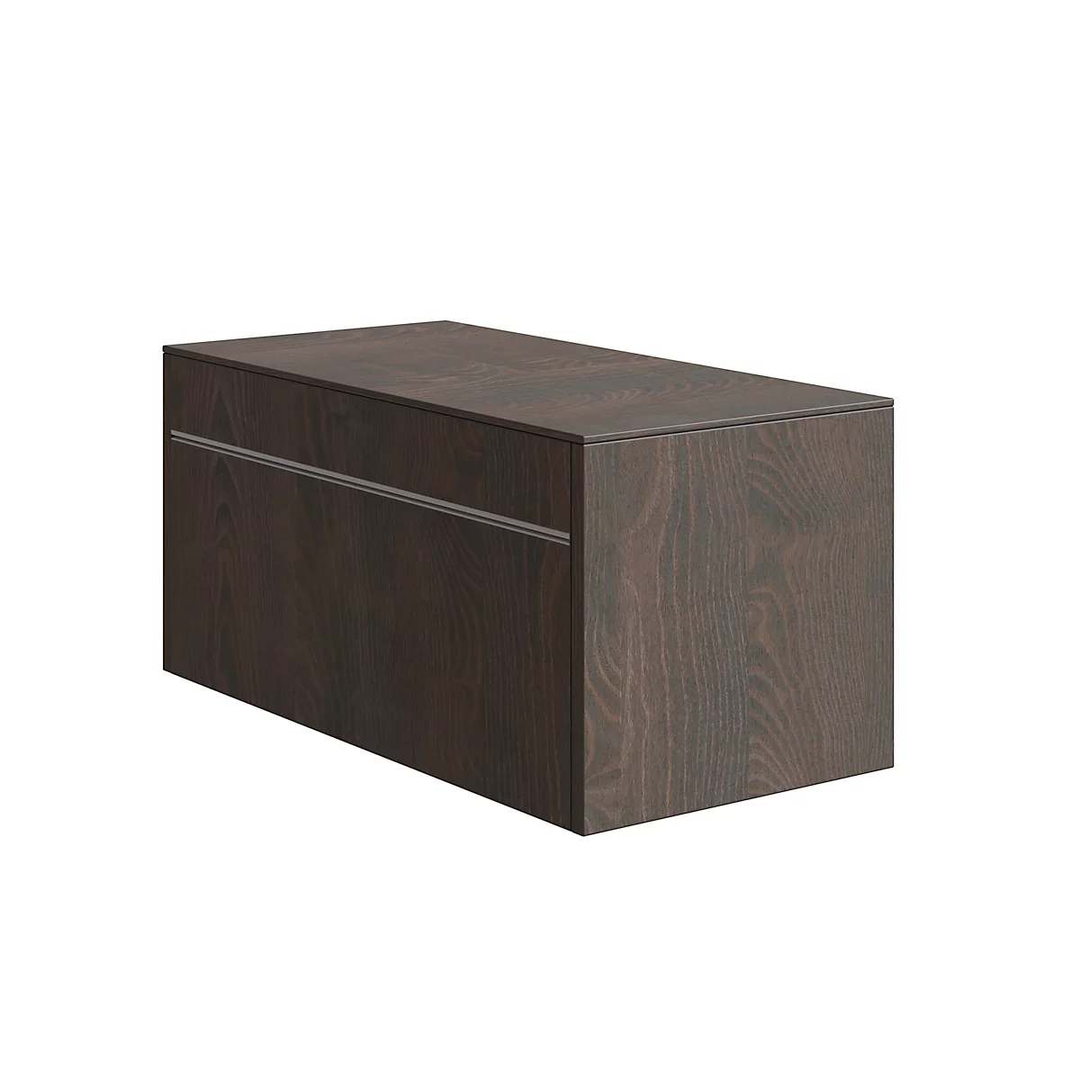 Dark brown wall-mounted cabinet with a narrow silver handle bar.