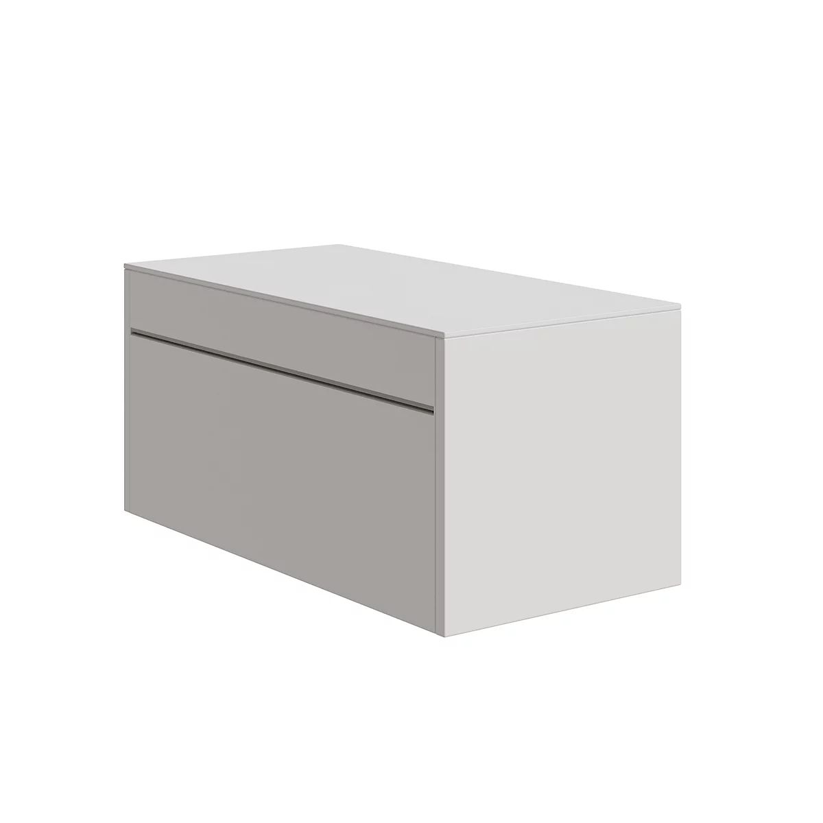 A gray, rectangular cabinet with a horizontal handle.