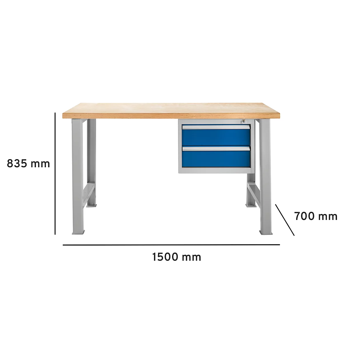 Werkbank met houten blad, grijze poten en blauwe laden. Afmetingen: 1500 x 700 x 835 mm.
