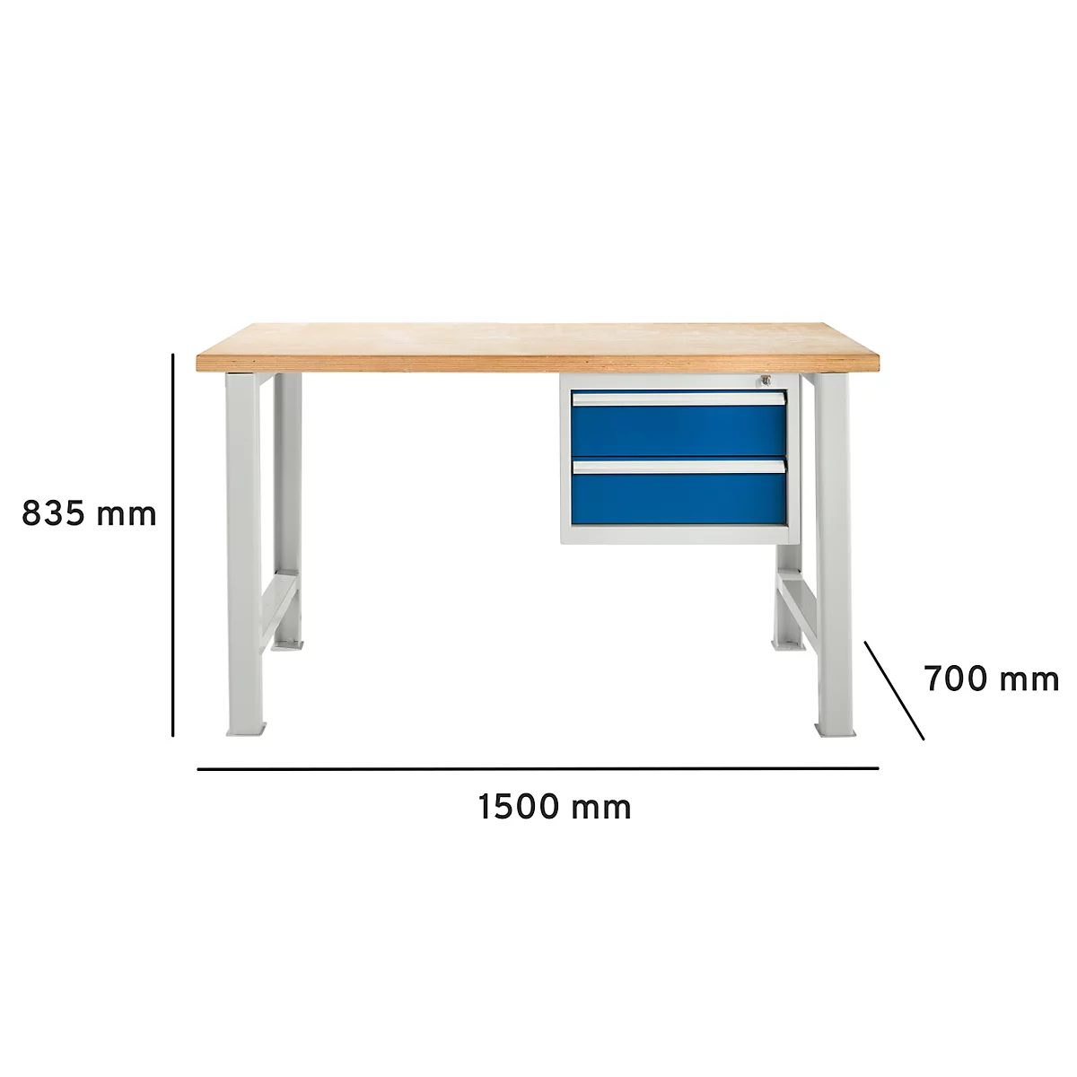 Werkbank met houten blad, grijze poten en blauwe lades. Afmetingen: 1500x700x835 mm.