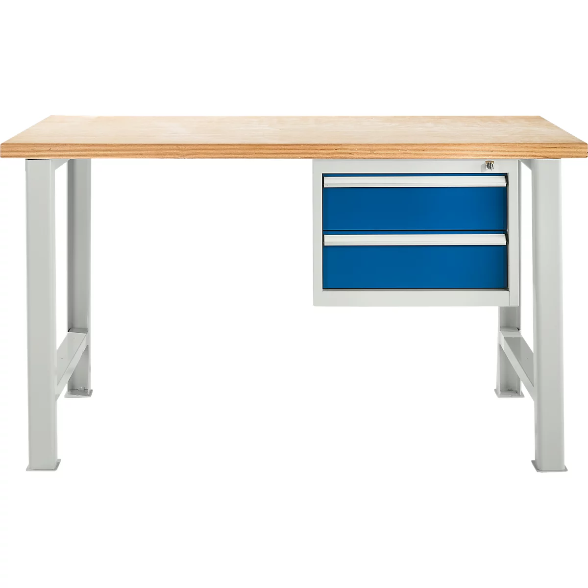 Werkbank mit Holzplatte, grauen Beinen und zwei blauen Schubladen.
