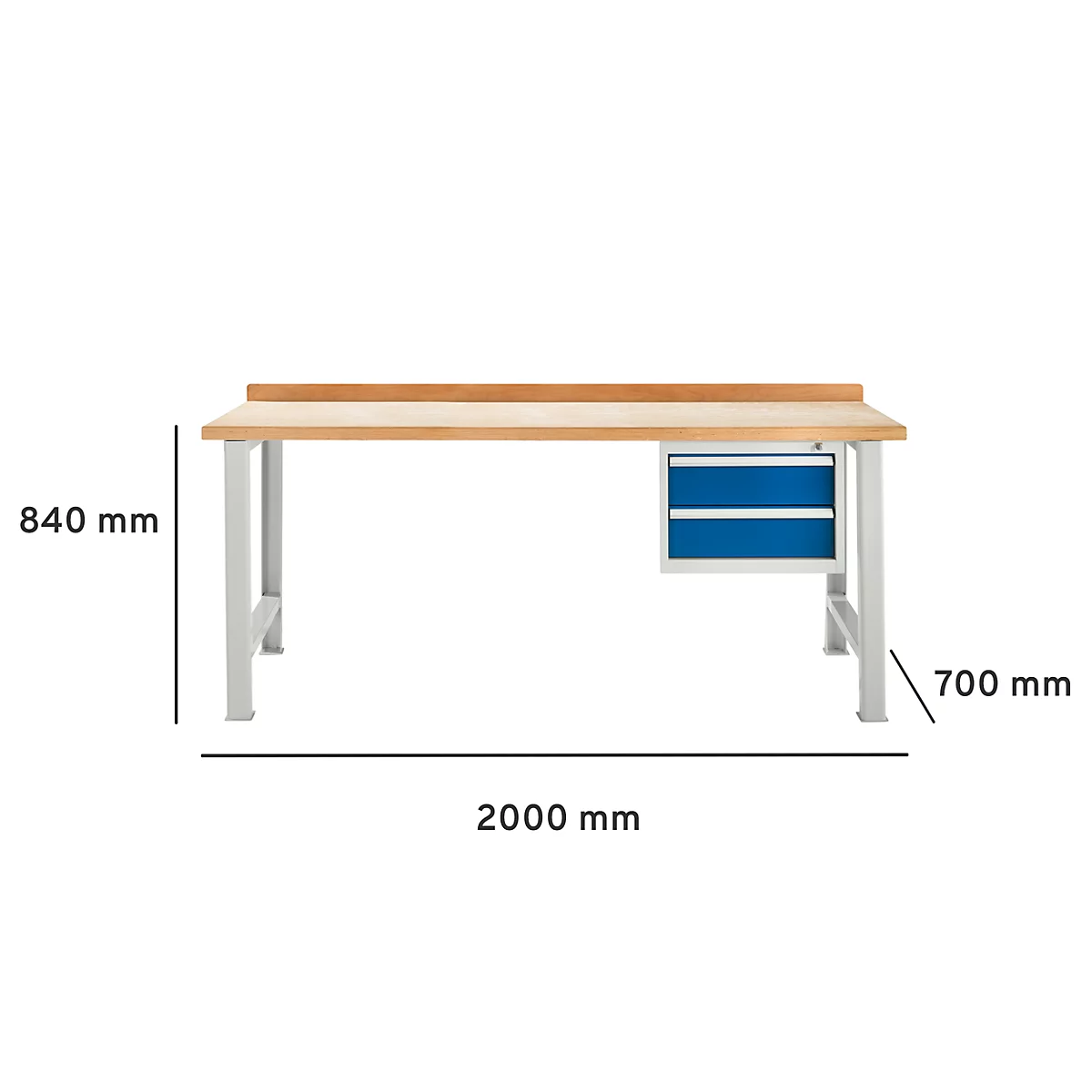 Werkbank mit Holzplatte, Metallbeinen und zwei blauen Schubladen. Maße: 2000 mm x 840 mm x 700 mm.