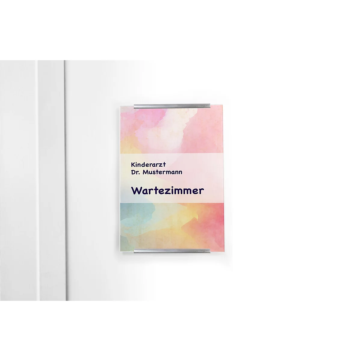 Door sign with watercolor background. Text: Pediatrician Dr. Mustermann, Waiting Room.